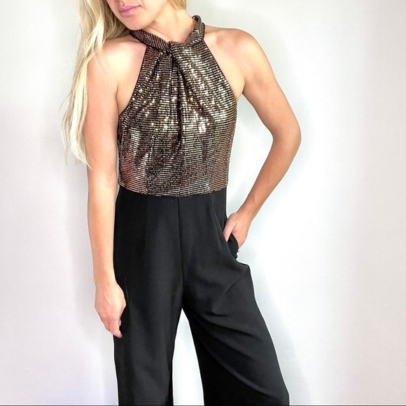 Julia Jordon Black and Metallic Gold High Neck Halter Jumpsuit Size 6 - Picture 1 of 16
